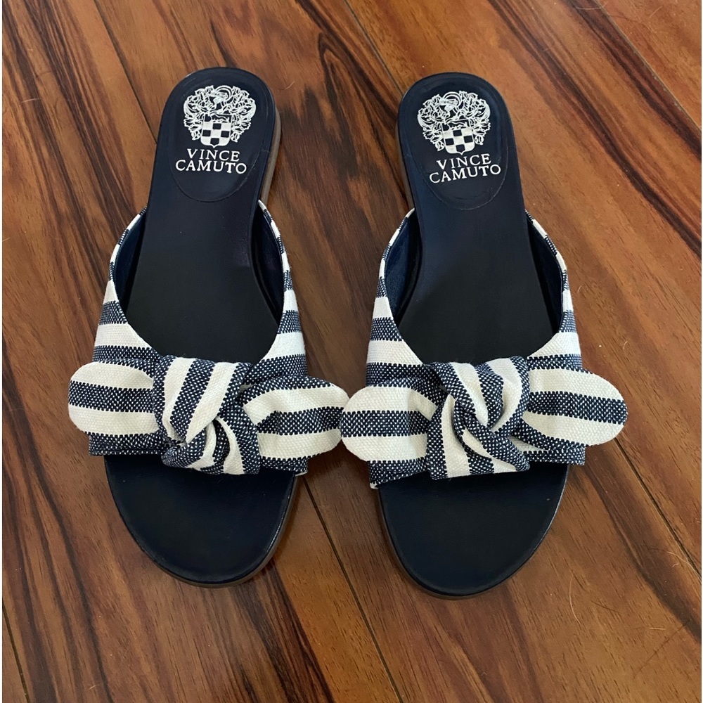 Vince Camuto Navy and White Striped Bow Slide Sandals